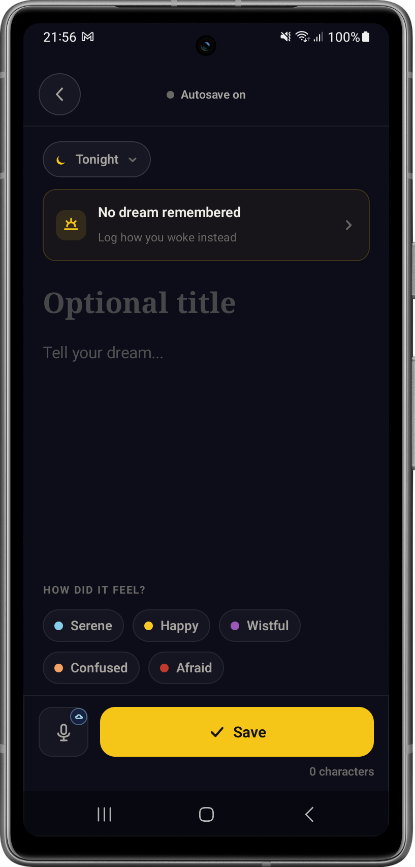Editor di sogni SomniumAI con salvataggio automatico attivo e pulsante Salva