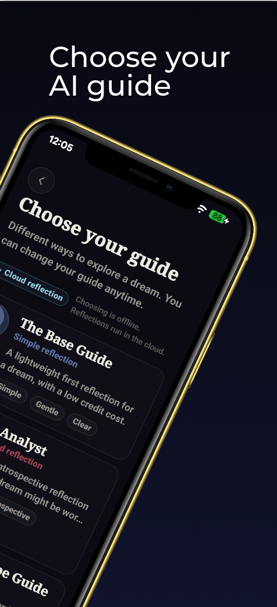 Schermata di selezione guida SomniumAI con stili di riflessione